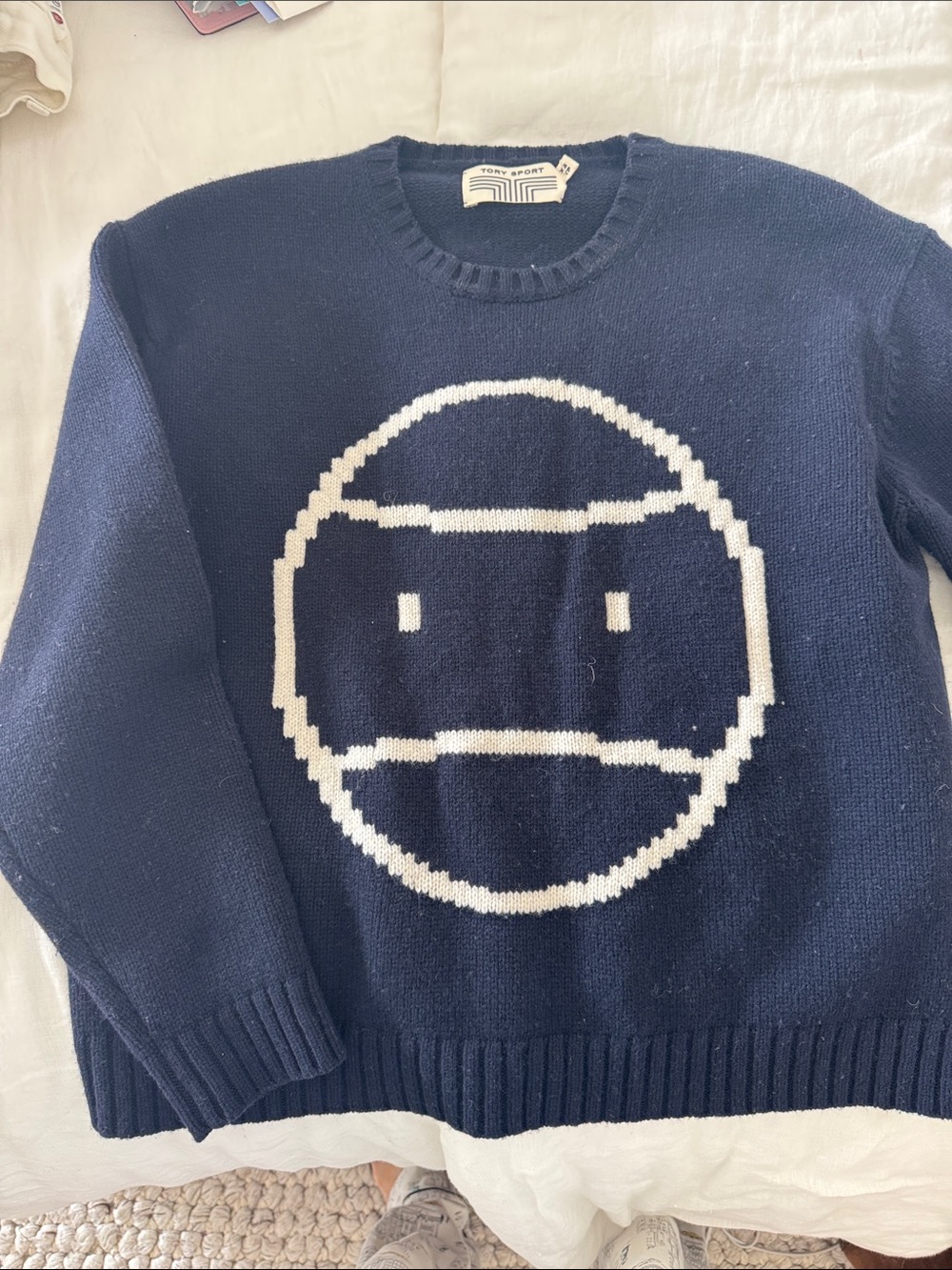 Tory Sport Women’s Navy Crewneck Sweater with White Graphic